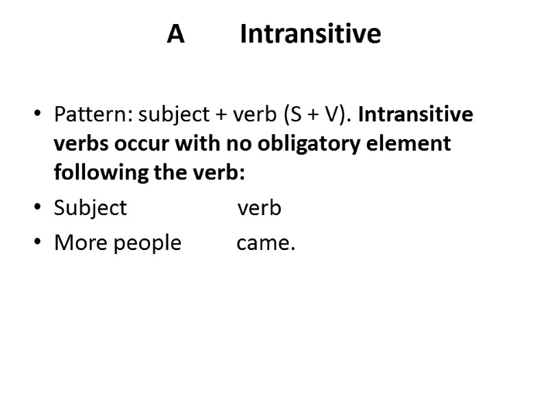 A        Intransitive  Pattern: subject + verb